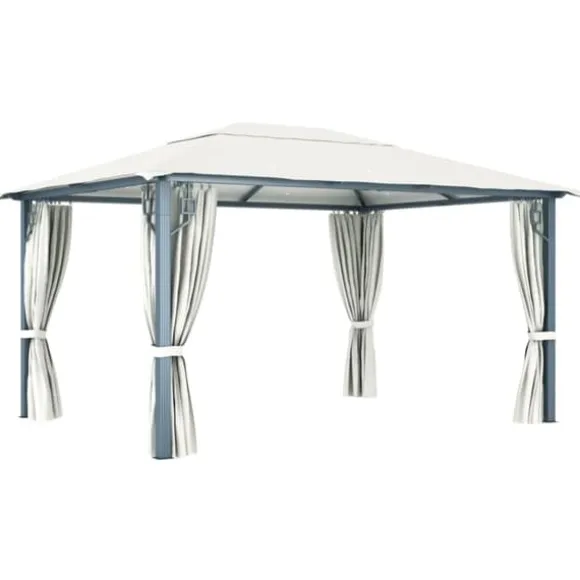 The Living Store pavillon med gardin + LED-lyskæder 400x300 cm aluminium creme - Festtelte & havepavilloner