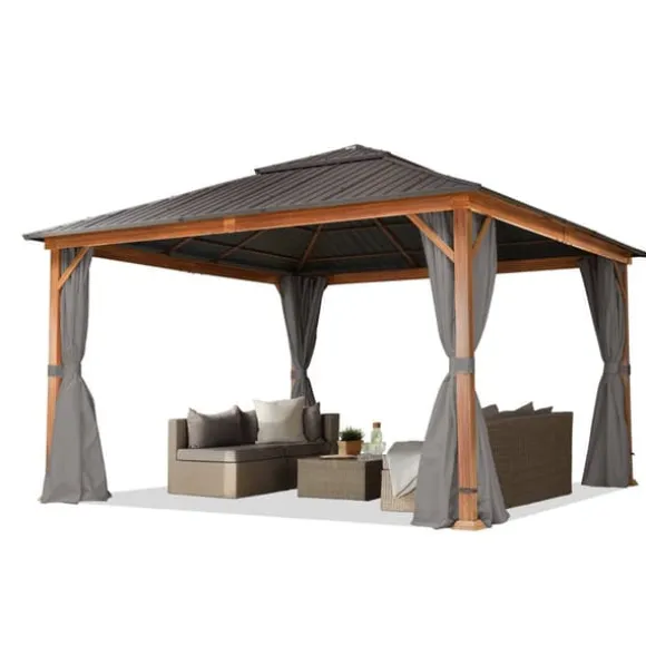 TOOLPORT Havepavillon 4x4 m træ-look Hardtop ståltag 4 sidegardiner grå
