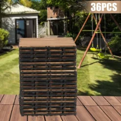Træ Interlocking Patio Dækfliser, 12x12 tommer, 36 PCS, Plade Tykkelse 8,66 mm, Maksimal Bæreevne 3T, Vandtæt