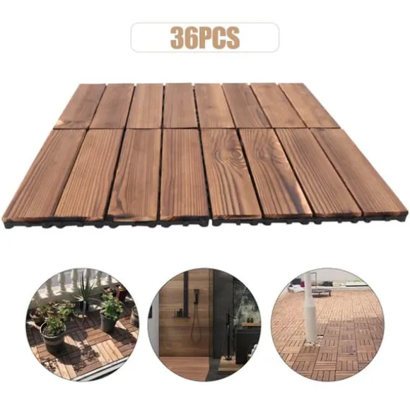 Træ terrassefliser - Kliksystem 30x30 cm, 36 stk - 22 mm Tykkelse - Skridsikre - Vandtætte - Inde/Ude - Kamferfyr - Brun