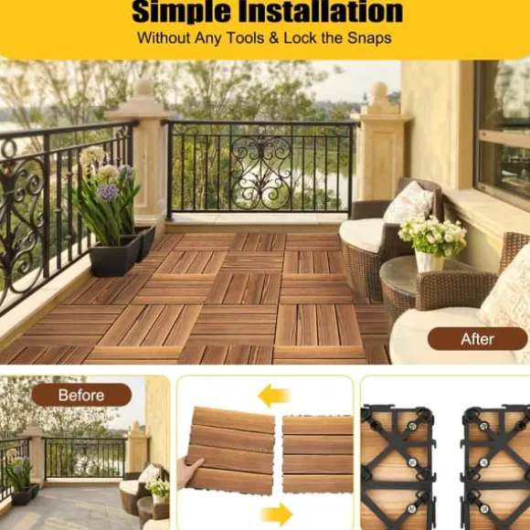 Træ terrassefliser - Kliksystem 30x30 cm, 36 stk - 22 mm Tykkelse - Skridsikre - Vandtætte - Inde/Ude - Kamferfyr - Brun