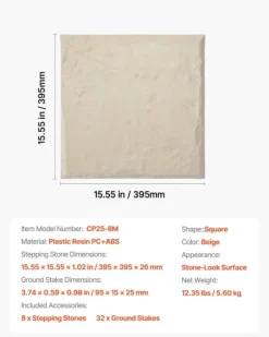 Trædesten til have - Plastikfliser til gangsti - Sæt med 8 - 39,5 x 39,5 cm - Med jordspyd - Vejrbestandige - Til græsplæne/terrasse - Beige