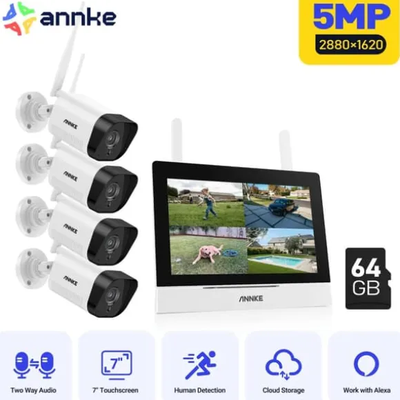 Trådløst CCTV-system, 7-tommer berøringsskærm, tovejskommunikation,5MP 4PCS Kamera 64G