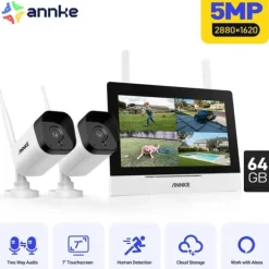 Trådløst CCTV-system, 7-tommer berøringsskærm, tovejskommunikation,5MP 2PCS Kamera 64G