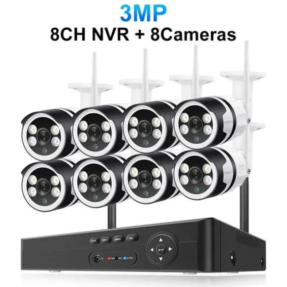 Trådløst CCTV-system, To-vejs lyd, Vandtæt, 1T, 8CH NVR 8 stk Cam 3MP