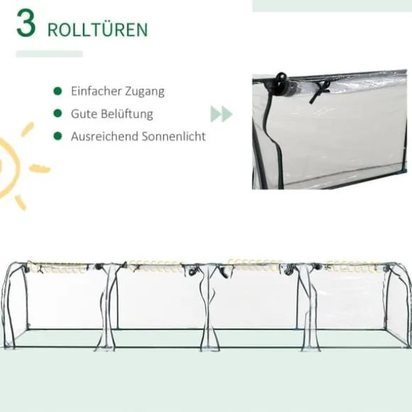 Tunneldrivhus 395x100x80 cm, 4 lynlåsvinduer, stålramme, transparent dug