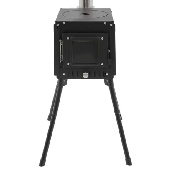 Udendørs campingovn - Træ- og kulkomfur - Røgaftræk med skorsten - Foldbar 31,5×22×21 cm - Kulstål & rustfrit stål - Vægt 8 kg - Sort