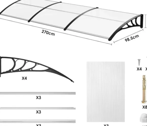 Udendørs dør- og vinduesoverdækning - Markise & overdækning - 270 x 98,5 cm - Polycarbonat kanalplader - UV- og regnbeskyttelse - Aluminiumsramme