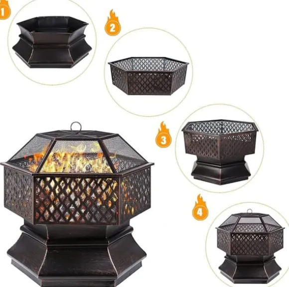 Udendørs Hexagonal Havegrill, Kulgrill, Brandsikker Stål med Gitterdæksel