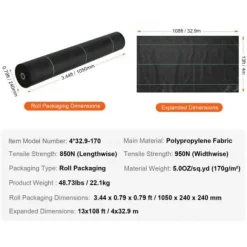 Ukrudtsdug, 3,96x32,92 m, Sort, Polypropylen
