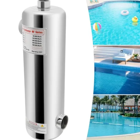 Varmeveksler til pool i rustfrit stål, 60 kW, SPA-termostatvarmer, cirkulationsopvarmning, sølv
