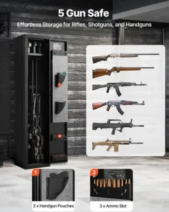 Våbenskab - Riffelskab med Fingeraftryk - Brandsikkert Koldvalset Stål - Biometrisk Kodelås - Justerbare Hylder - Til Rifler og Pistoler