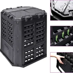 Vejrbestandig kompostbeholder 360 L til haven | Farve: Sort | Størrelse: 68,9x68,9x83,9 cm