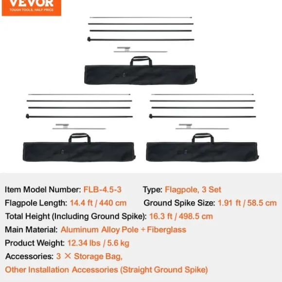 VEVOR Flagstang Sæt, 14,4 fod Længde, 3 Sæt, Letvægts 12,34 lbs,Pole3set 5.61 kg
