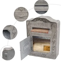 Vægmonteret postkasse, antik/vintage-stil i metal, grå, til have og udendørs brug
