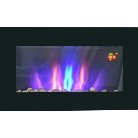 Vægpejs 1000/2000 W med LED-flammeeffekt i 7 farver, fjernbetjening, sort