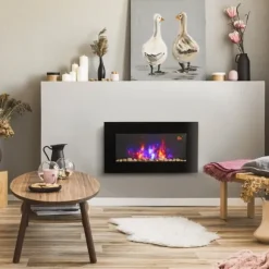 Vægpejs 1000/2000 W med LED-flammeeffekt i 7 farver, fjernbetjening, sort