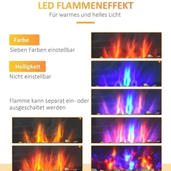 Vægpejs 1000/2000 W med LED-flammeeffekt i 7 farver, fjernbetjening, sort
