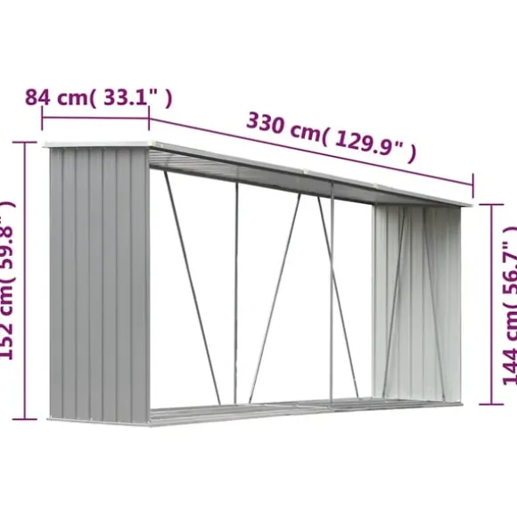 vidaXL brændeskur til haven galvaniseret stål 330x84x152 cm grå