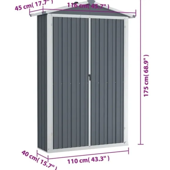 vidaXL haveskur 116x45x175 cm galvaniseret stål grå - Skure & Redskabsskure