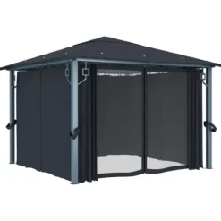 vidaXL pavillon med gardin + LED-lyskæder 300x300 cm aluminium grå - Festtelte & havepavilloner