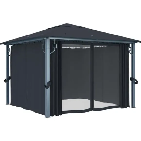 vidaXL pavillon med gardin + LED-lyskæder 300x300 cm aluminium grå - Festtelte & havepavilloner