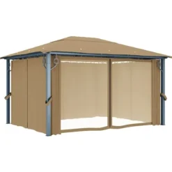 vidaXL pavillon med gardin 400x300 cm aluminium gråbrun - Festtelte & havepavilloner