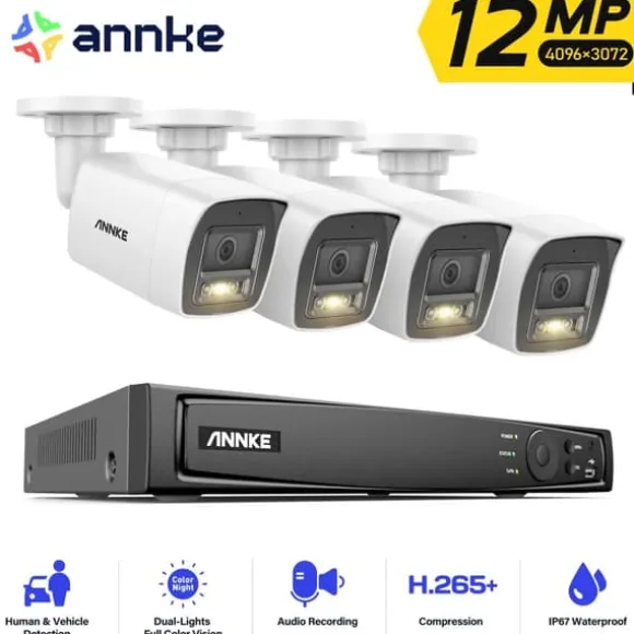 Videoovervågningssystem, 12MP opløsning, fjernovervågning,2T, 8CH NVR 4 stk kamera