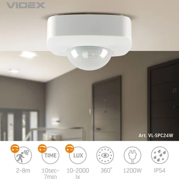 Videx infrarød bevægelses- og lyssensor IP54 effekt 1200W rækkevidde 8m vinkel 360°