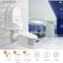 Videx infrarød bevægelses- og lyssensor IP44 effekt 1200W rækkevidde 12m 180°