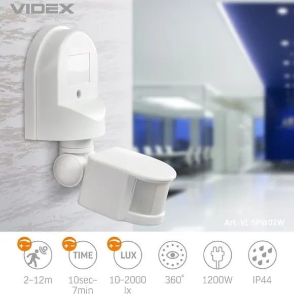 Videx infrarød bevægelses- og lyssensor IP44 effekt 1200W rækkevidde 12m 180°