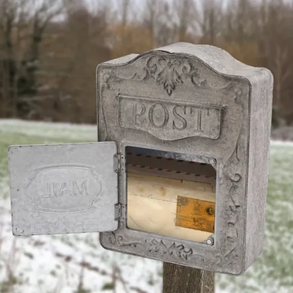 Vintage postkasse - Vægmonteret postkasse - Hegn-/Vægmontering - Præget metal - Udendørs - Med låg - Mål 26×9,5×34 cm - Grå