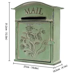 Vintage udendørs postkasse - Vægmonteret - Metal - Sommerfugl- og blomstermønster - Rustik - Brevindkast 19,5×1,5 cm - 27×10,5×31,2 cm - Armygrøn