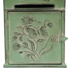 Vintage udendørs postkasse - Vægmonteret - Metal - Sommerfugl- og blomstermønster - Rustik - Brevindkast 19,5×1,5 cm - 27×10,5×31,2 cm - Armygrøn
