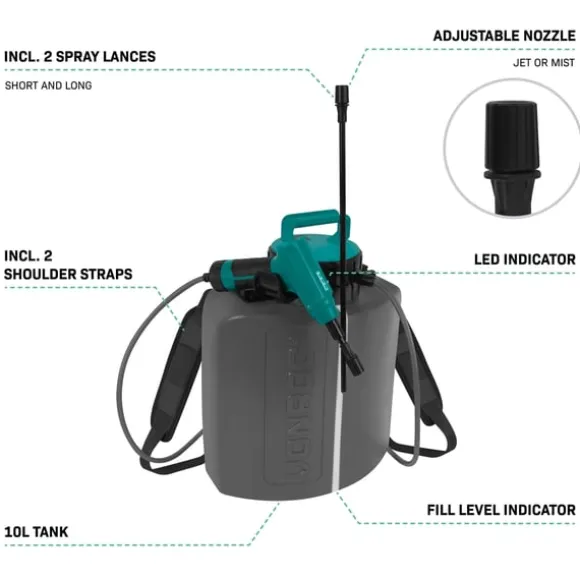 VONROC Elektrisk Tryksprøjte 10L – 4V | Sprøjt uden at pumpe | Genopladelig 4V batteri | Inkl. kort & lang sprøjtelanse + USB-C kabel