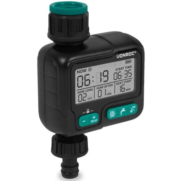 VONROC Vandtimer - Vandur - Digital | Automatisk Vanding | Justerbar Interval 1t–15d | Ekskl. 2x AA batterier