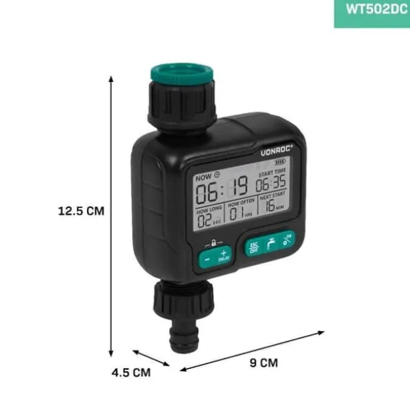 VONROC Vandtimer - Vandur - Digital | Automatisk Vanding | Justerbar Interval 1t–15d | Ekskl. 2x AA batterier