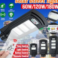 60W/120W/180W (60/120/180LED) 6500K Solpanel Gadelys IP66 Vandtæt +4 tilstande + Fjernbetjening,Udendørs Havegadevæglampe Sikkerhedsbelysning