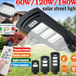 60W/120W/180W (60/120/180LED) 6500K Solpanel Gadelys IP66 Vandtæt +4 tilstande + Fjernbetjening,Udendørs Havegadevæglampe Sikkerhedsbelysning