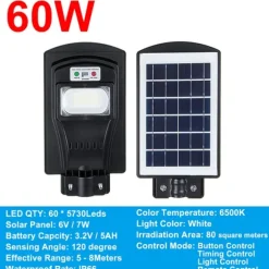 60W/120W/180W (60/120/180LED) 6500K Solpanel Gadelys IP66 Vandtæt +4 tilstande + Fjernbetjening,Udendørs Havegadevæglampe Sikkerhedsbelysning