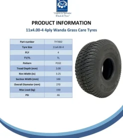 11x4.00-4 Dæk og slange til plæneklippergræs Multi Turf 4ply Wanda P332 Pattern 150kgs