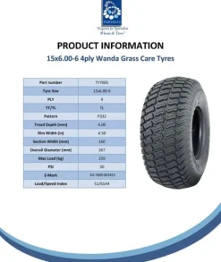 15x6.00-6 dæk til græsslåmaskine 4ply turf - plæneklipperdæk, Wanda P332, sæt med 2 stk.