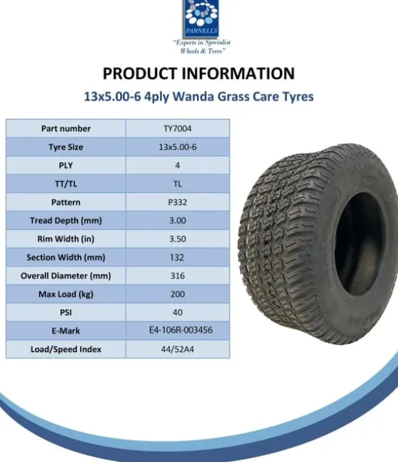 13x5.00-6 Græsplæneklipperdæk og stålfælg Wanda P332, 20 mm 6304 lejer