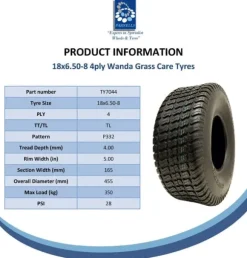 18x6.50-8 plæneklipperdæk 4ply Multi, turf - plæneklipperdæk, Wanda P332 sæt med 2 stk.