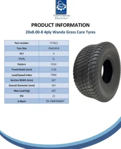 20x8.00-8 plæneklipperdæk 4ply Multi turf græs - plæneklipperdæk Wanda P332