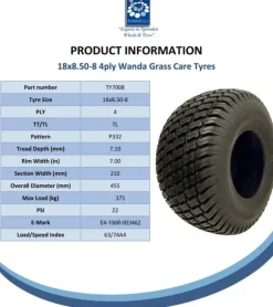 18x8.50-8 Plæneklipperdæk 4ply Multi Turf Grass Wanda P332 E-Marked Road Legal