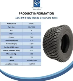 16x7.50-8 4pr Wanda P332 græsdæk E-mærket TL