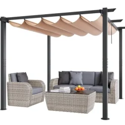 10'x10' Udendørs Udtrækkelig Pergola med Solskærm, Aluminium, Beige, Vandafvisende, Holdbar, Ideel til Have eller Terrasse.