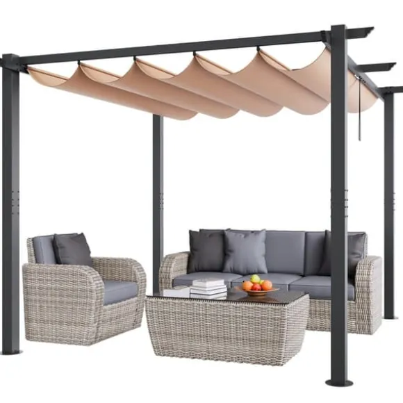 10'x10' Udendørs Udtrækkelig Pergola med Solskærm, Aluminium, Beige, Vandafvisende, Holdbar, Ideel til Have eller Terrasse.