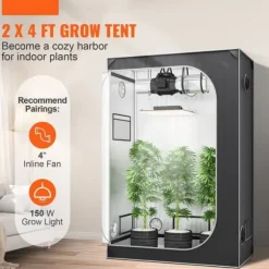 2x4 vækstshelter, 48'' x 24'' x 72'', højreflekterende 2000D Mylar med vindue, værktøjstaske og gulvbakke til indendørs planter.